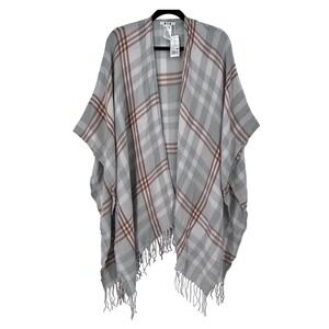 New Three Dots Womens Plaid Fringe Open‎ Front Poncho Cape Shawl One Size Gray